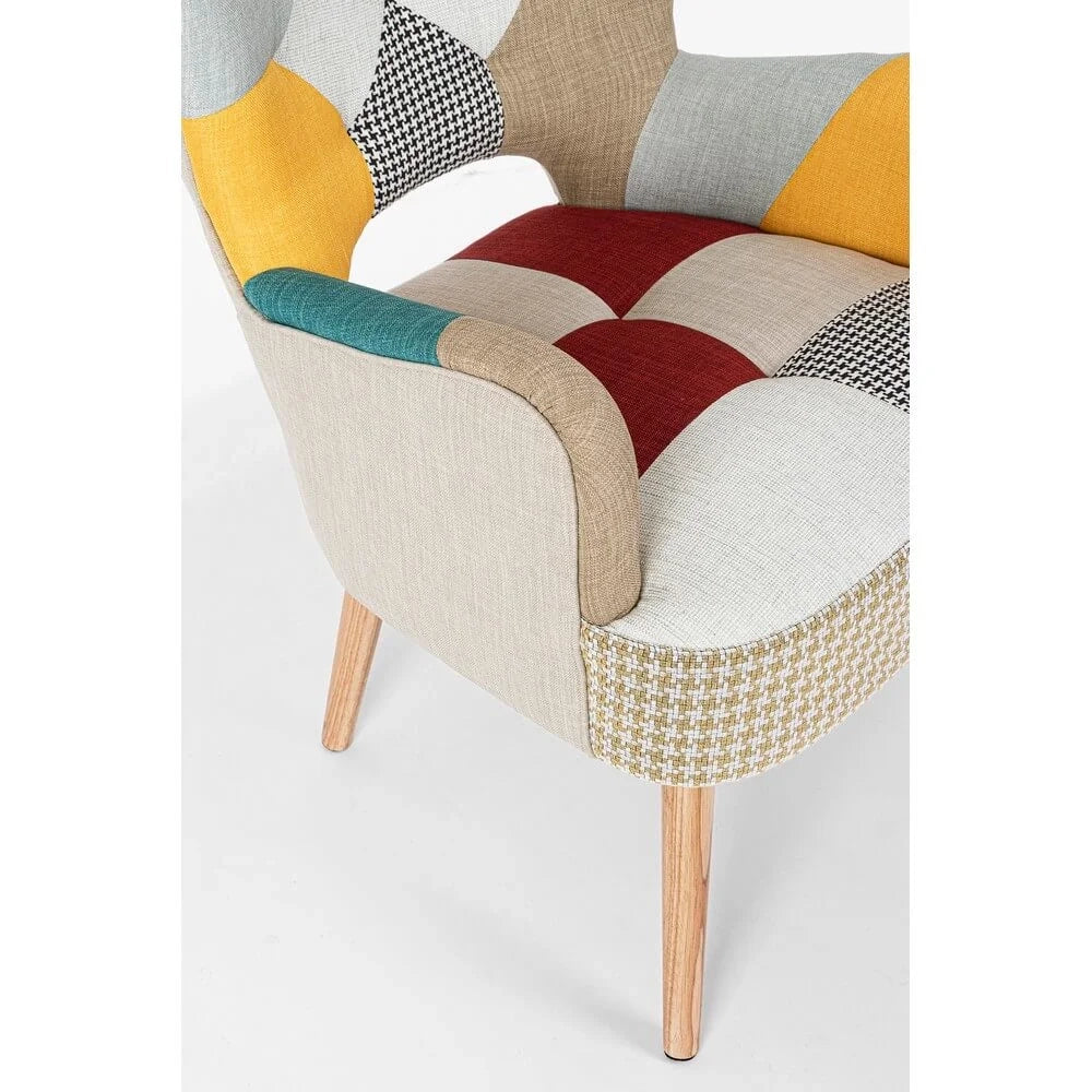 Poltrona imbottita in tessuto patchwork multicolore con gambe in legno Christopher