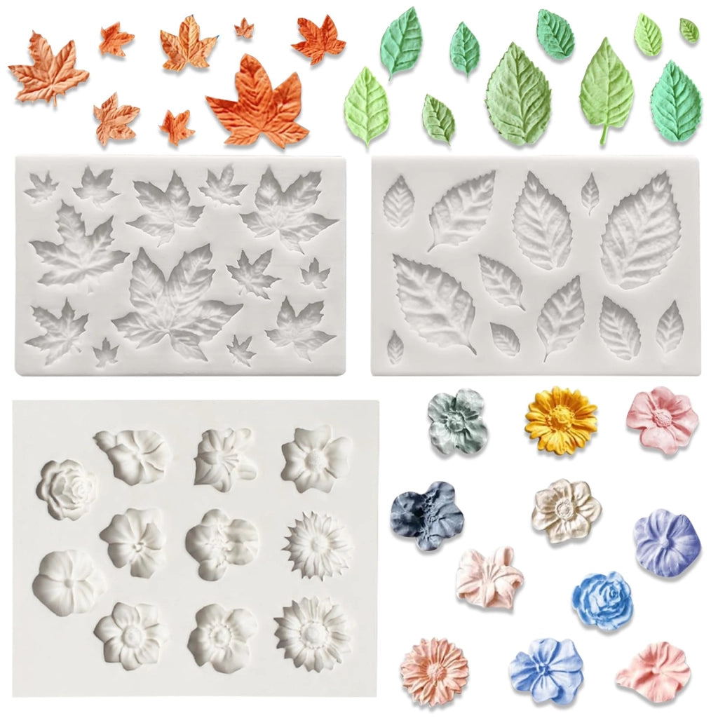 Set di 3 stampi in silicone: fiori e foglie, senza BPA, colore grigio