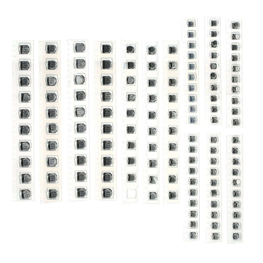 Set di condensatori elettrolitici in alluminio SMD, 130 pezzi, valori da 1uF a 220uF, 13 valori diversi