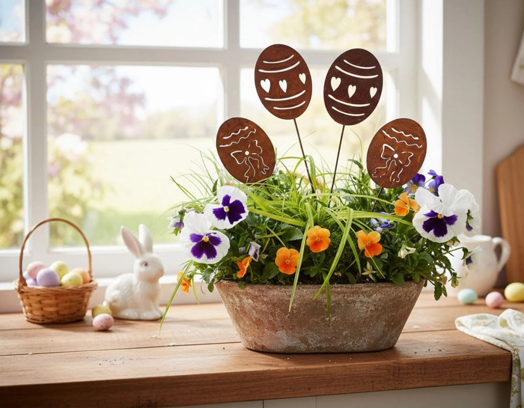 Set di 4 spiedini da giardino a forma di uovo di Pasqua, finitura anticata, 30 cm