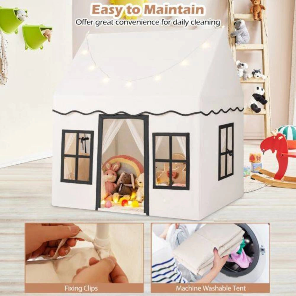 Tenda Gioco per Bambini con Luci a Stella e Tappetino Antiscivolo Casetta da Interno Beige Facile da Montare