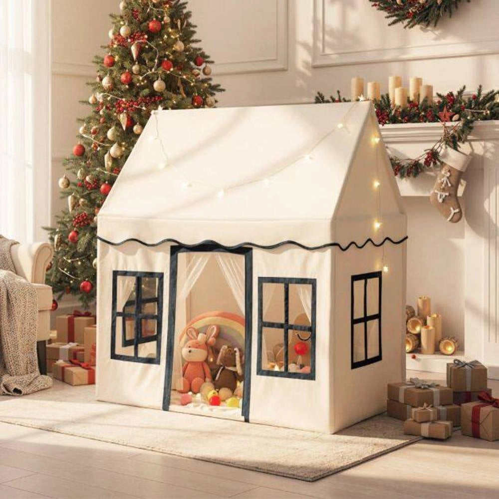 Tenda Gioco per Bambini con Luci a Stella e Tappetino Antiscivolo Casetta da Interno Beige Facile da Montare