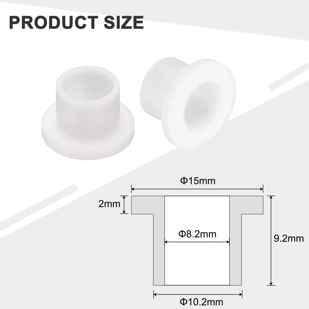 10 boccole a flangia in nylon, diametro interno 8,2 mm x diametro esterno 10,2 mm, lunghezza 9,5 mm, colore bianco