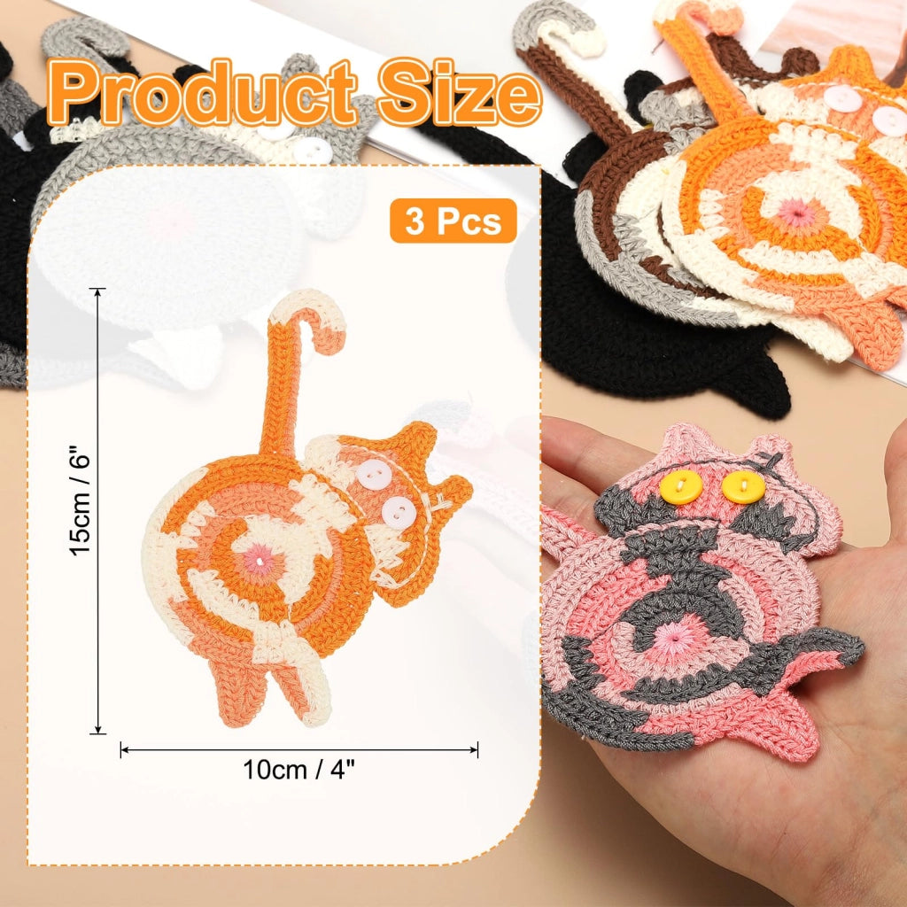 Set di 3 sottobicchieri all'uncinetto a forma di gatto, 15 cm, color arancione