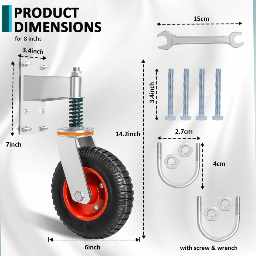 Ruota per carichi pesanti 150 mm con molla, portata 226 kg, 360 gradi, con viti e chiave per cancelli tubolari, porte metalliche, cancelli in legno per recinzioni