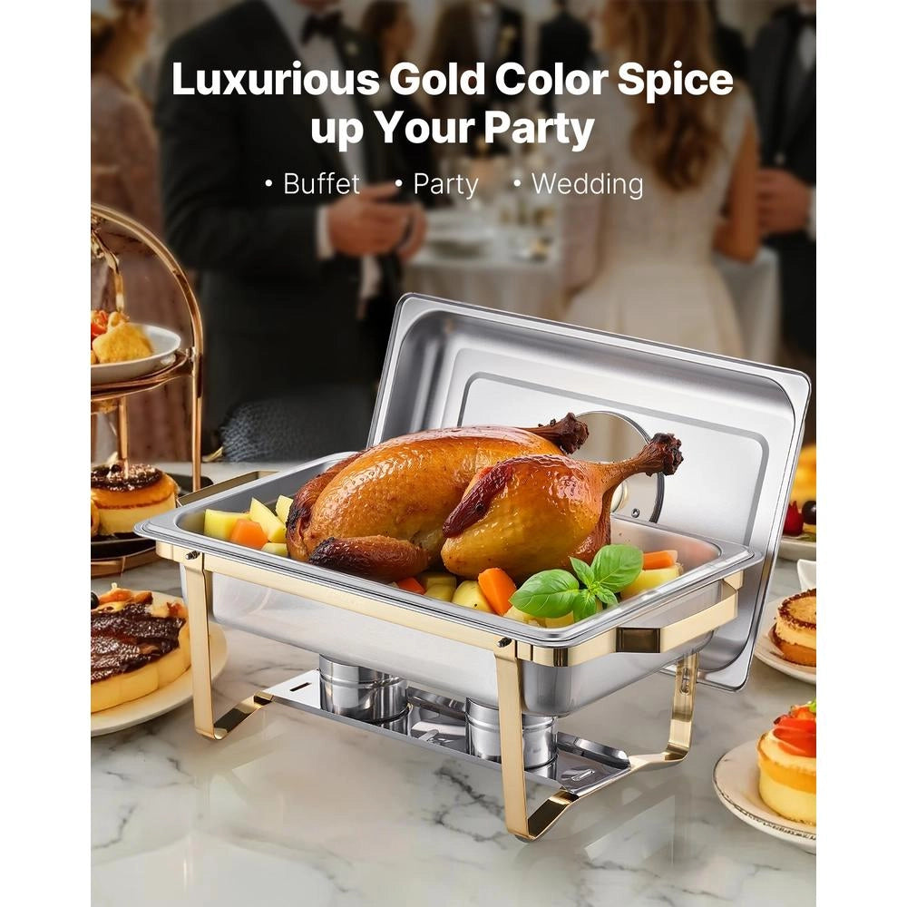 Set 4 Scaldavivande Rettangolari HZ-433B 7,5 L in Acciaio Inox Oro per Buffet Chafing Dish con Coperchio in Vetro e Supporto Pieghevole