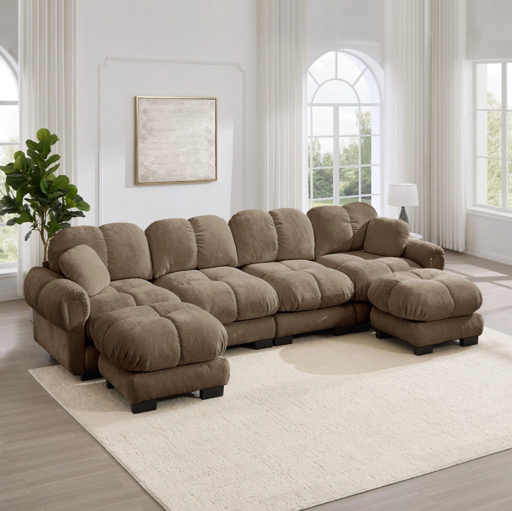 Divano modulare in ciniglia marrone con pouf, 330 cm