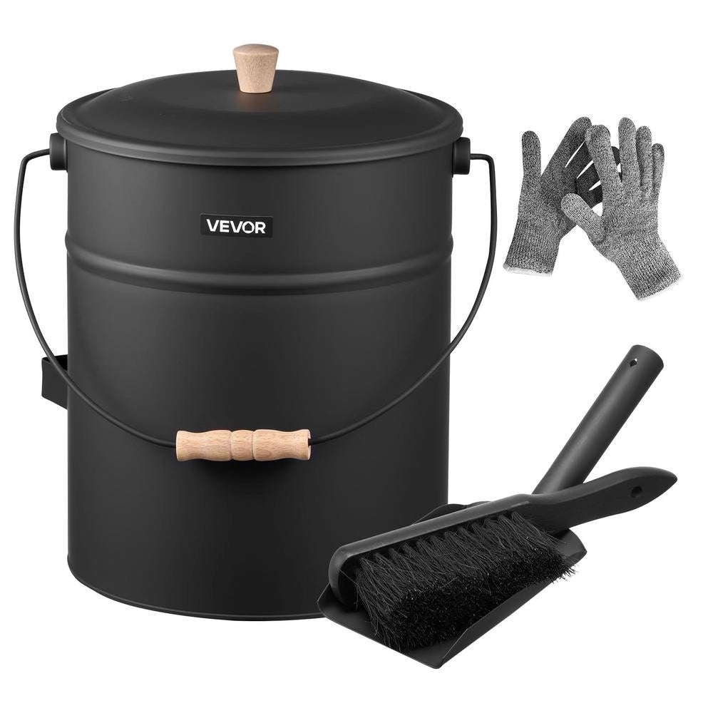 Secchio per Cenere da Camino 15 L con Coperchio Pala Scopa Guanti Set 4 Pezzi Contenitore in Metallo per Stufe e Bracieri
