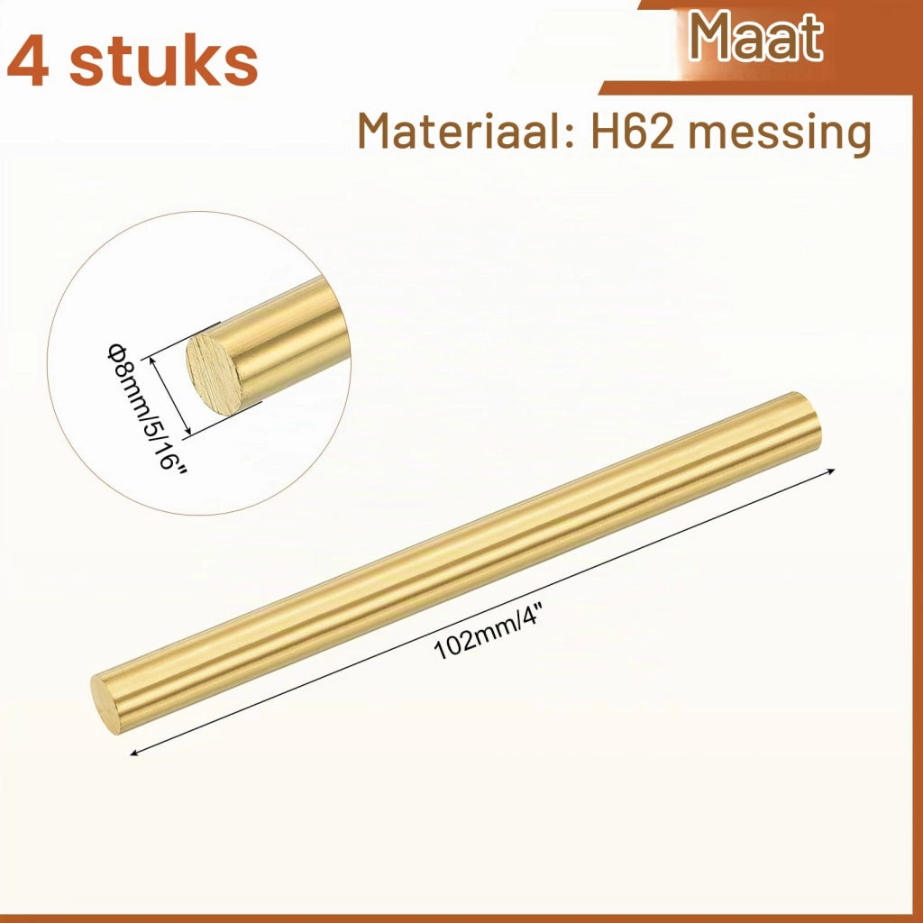4 barre tonde in ottone H62, diametro 8 mm, lunghezza 102 mm, massicce