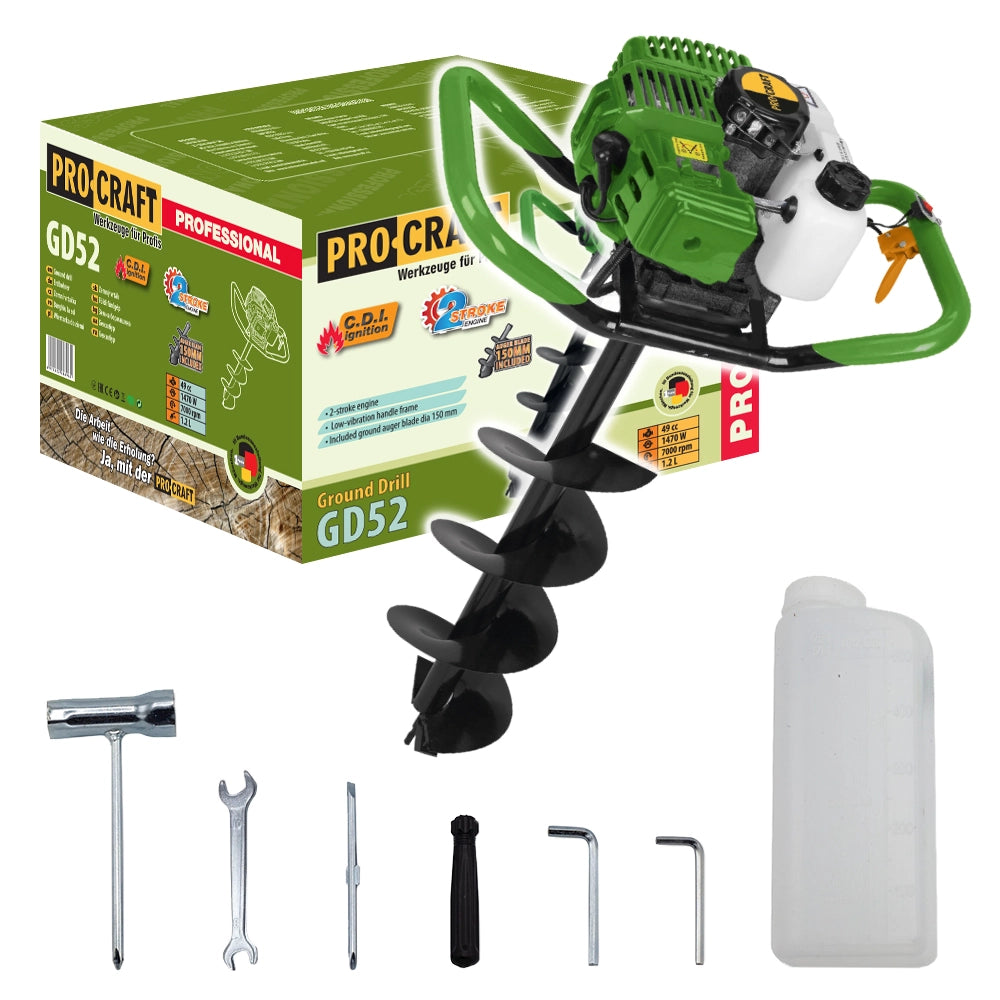 Trivella a scoppio per terreno Procraft GD52, 52 cc, 1400 W, 8,85 kg