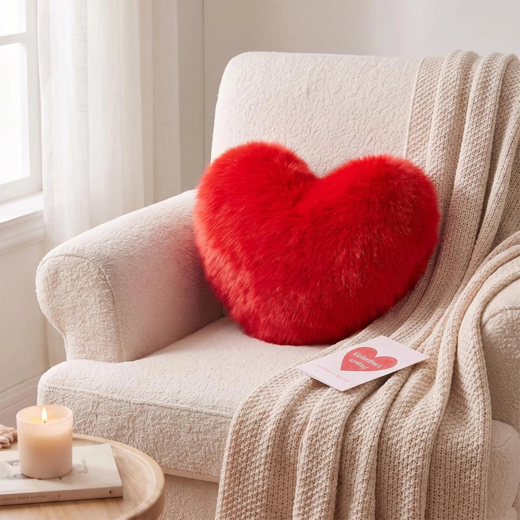 Cuscino a forma di cuore, rosso, 30x40 cm, in ecopelliccia, morbido e decorativo