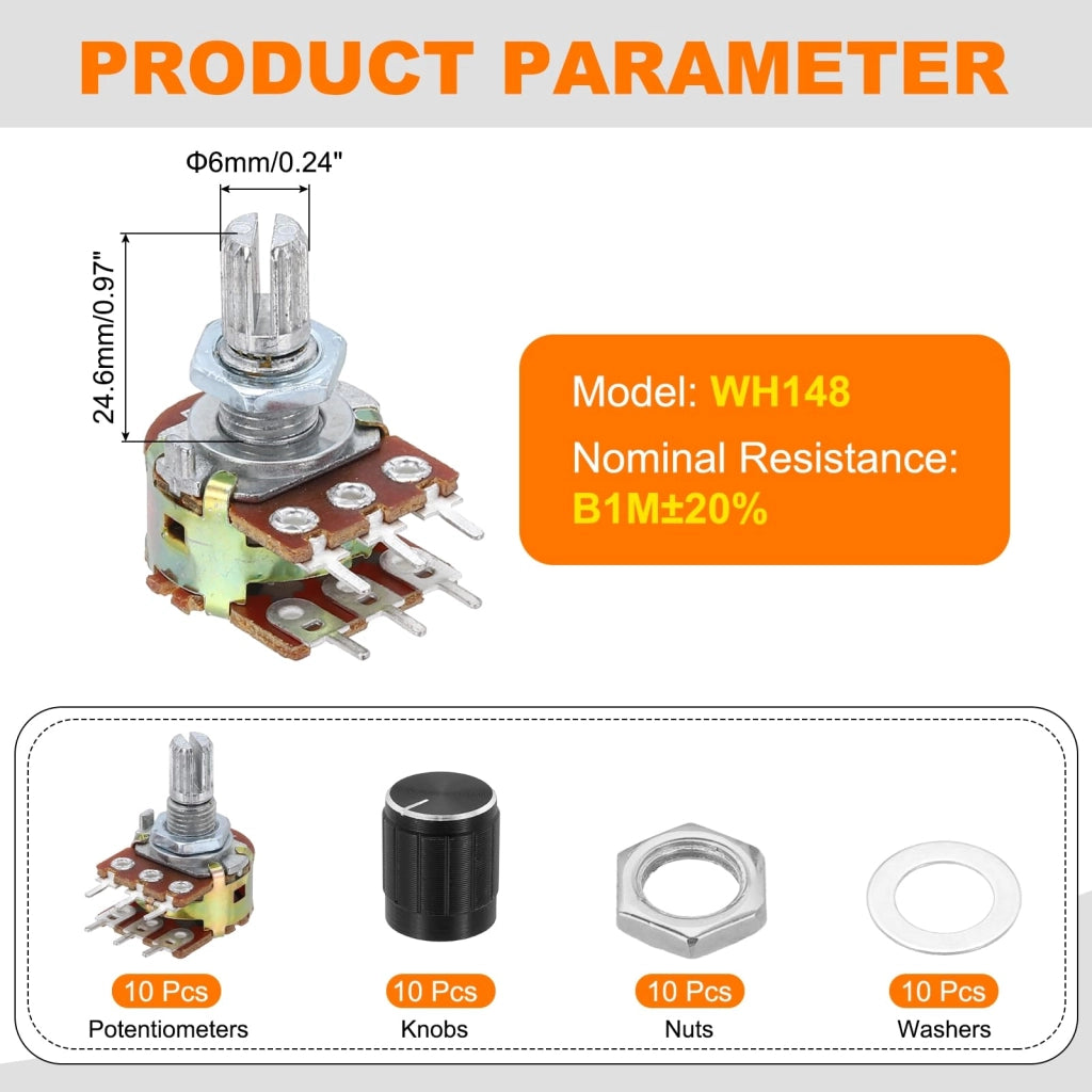 Set di 10 potenziometri WH148, resistenza di 1 MΩ, con doppio albero, dimensioni 6x24,6 mm