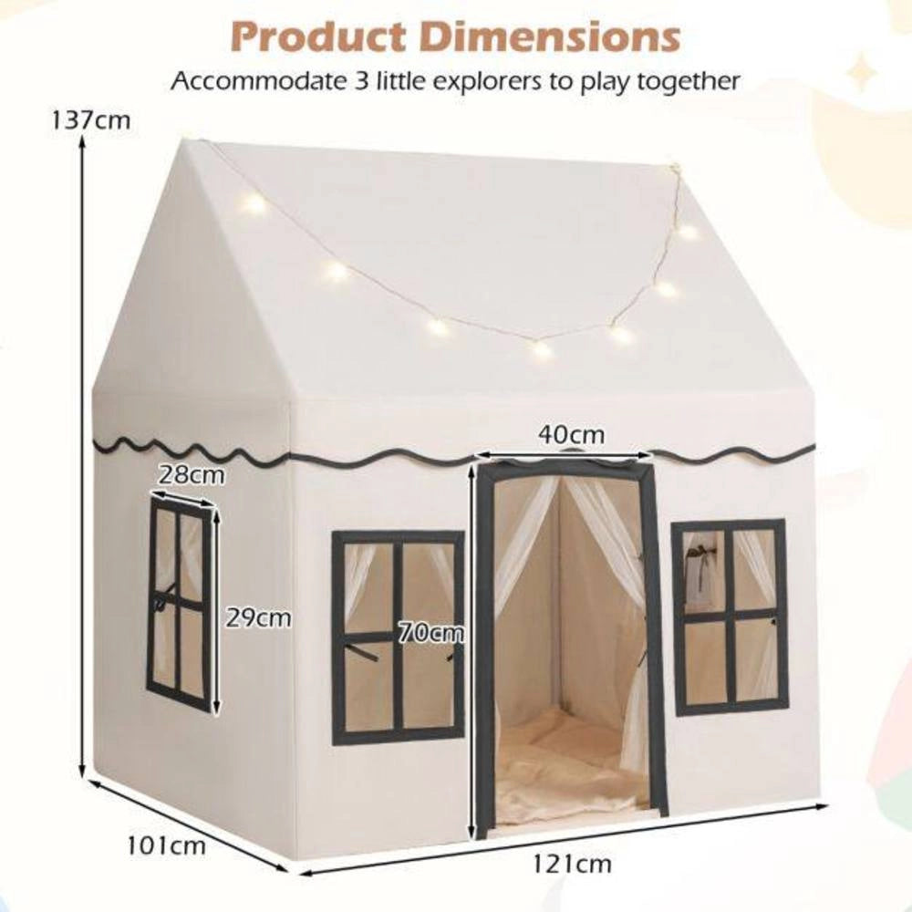 Tenda Gioco per Bambini con Luci a Stella e Tappetino Antiscivolo Casetta da Interno Beige Facile da Montare