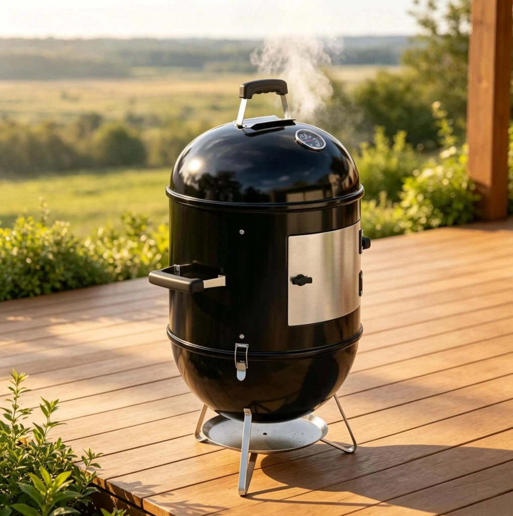 Barbecue affumicatore a carbone nero con 3 griglie e termometro