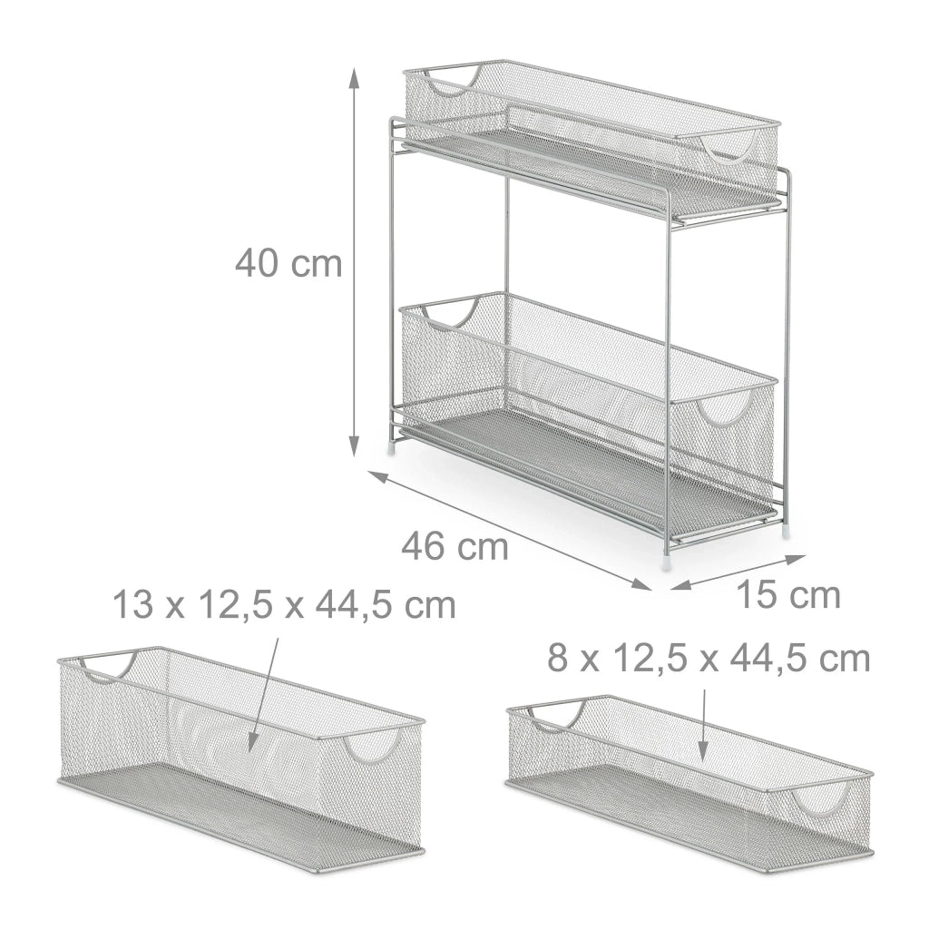 Pratico organizer per armadio da cucina 40 x 15 x 46 cm 2 cestelli scorrevoli design pulito in acciaio grigio 13_0014139