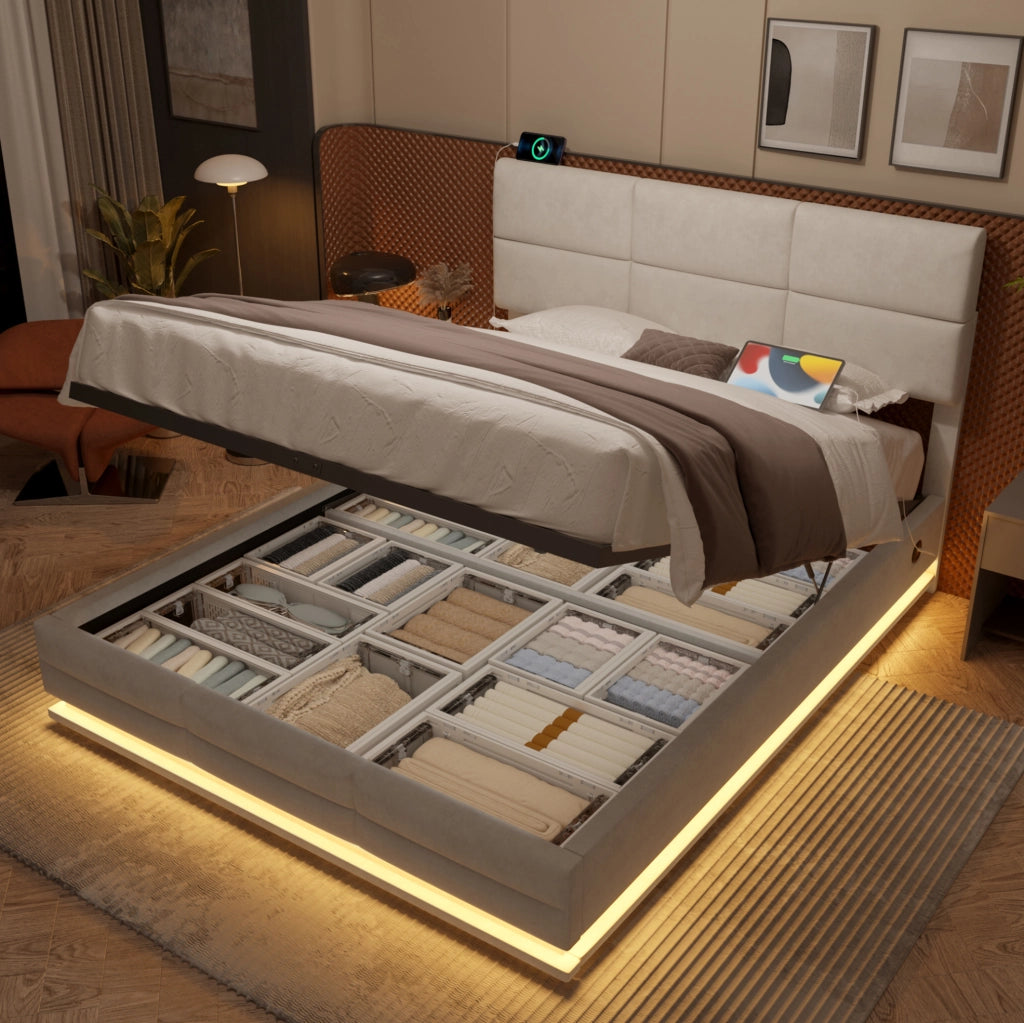 Letto contenitore 180x200 cm beige in velluto con LED e USB