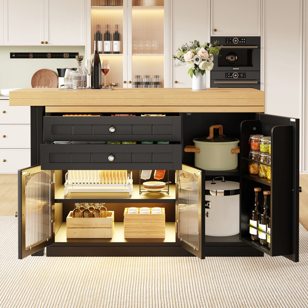 Isola da cucina estensibile con piano girevole a 360° cassetti ante in vetro MDF metallo nero