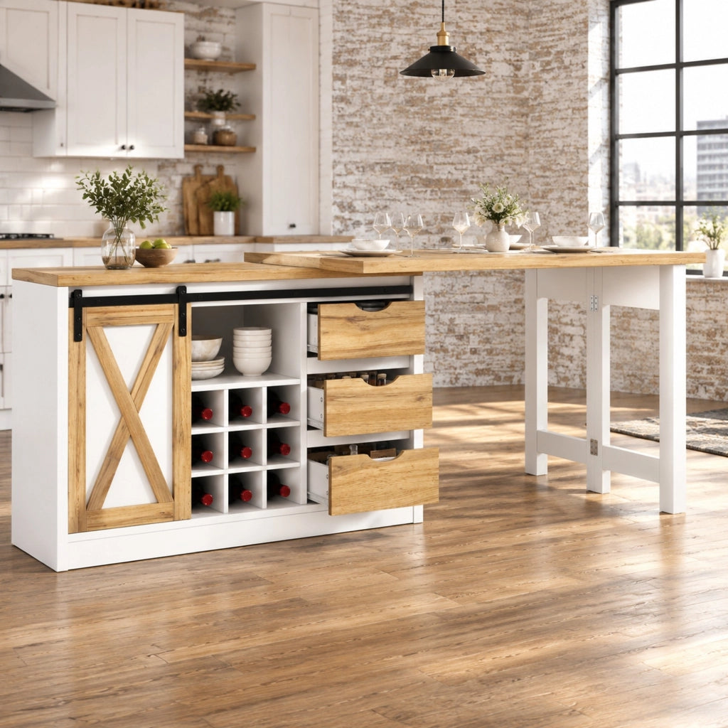 Isola cucina con tavolo orientabile e anta scorrevole, 120–197 cm