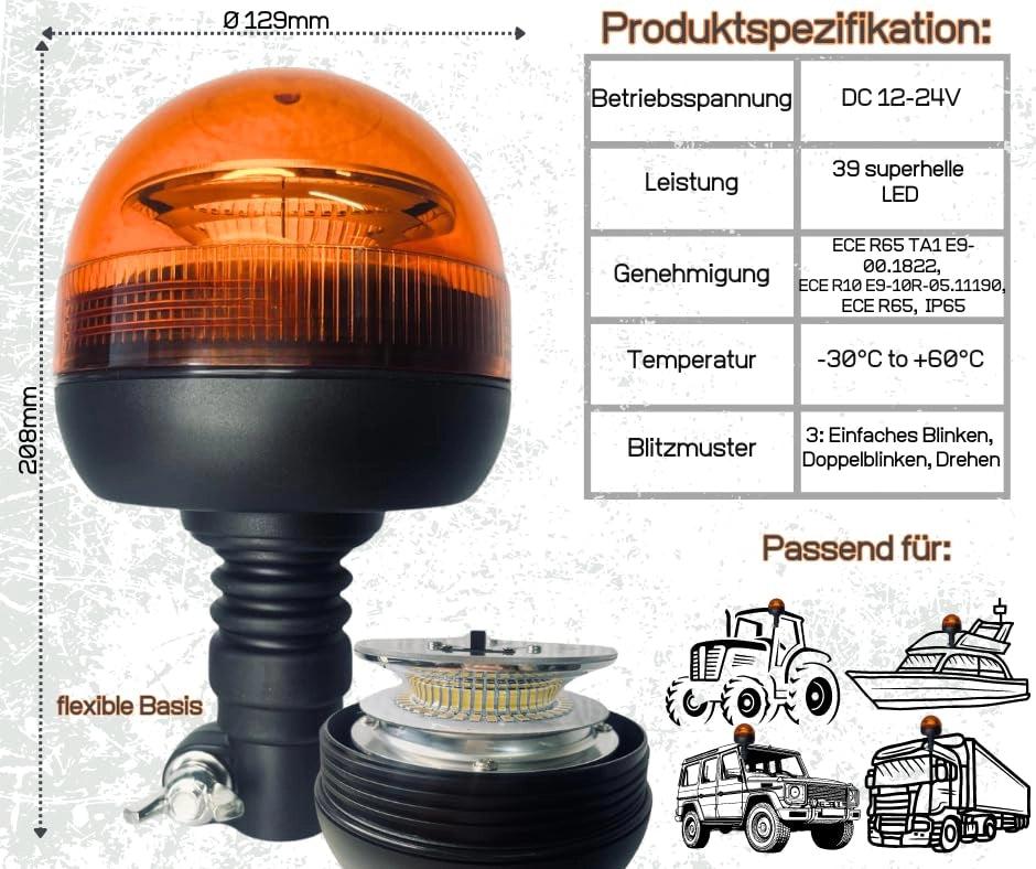 Lampada da lavoro R65, colore arancione, con luce a 360°, 39 LED, 12/24V, omologata ECE