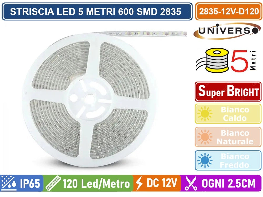 STRIP STRISCIA LED MONOCOLORE 5 METRI SMD 2835 120 LED METRO IP65 DIVISIBILE OGNI 2.5CM - Colore Luce:Bianco Freddo