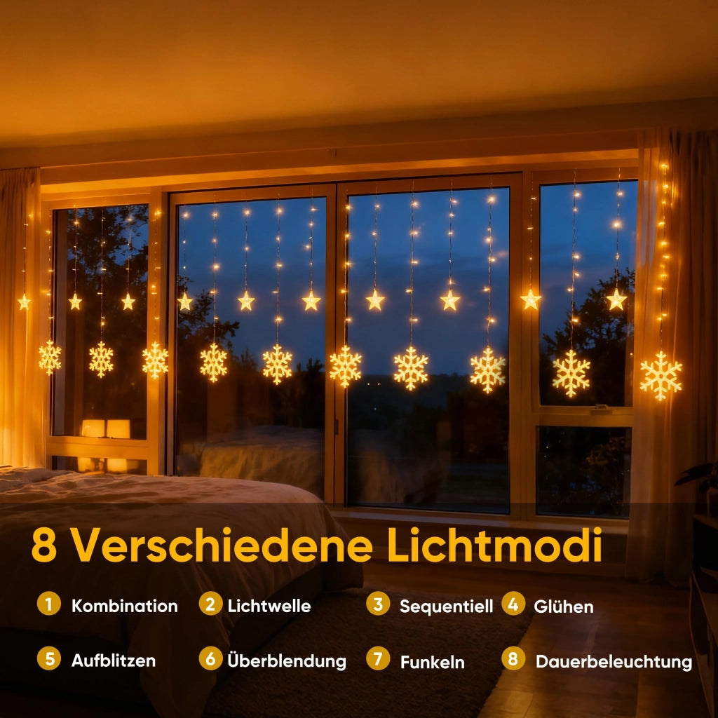 Tenda luminosa a LED a forma di fiocchi di neve e stelle, 150 LED, 2,3 metri, luce bianca calda