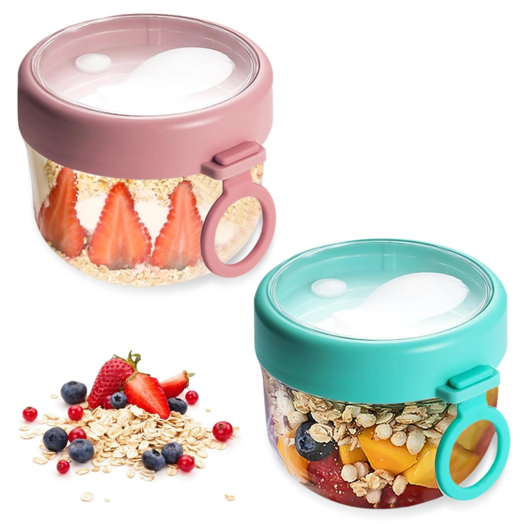 Set di 2 contenitori per muesli da portare con sé, capacità 600 ml, a prova di perdite, con cucchiaino, colore rosa e ciano