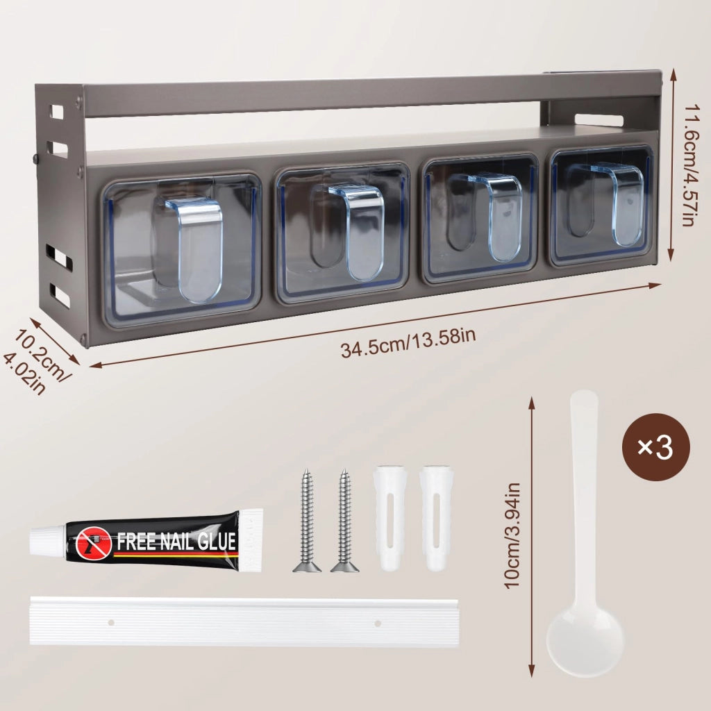 Scaffale per spezie con 4 contenitori, da montare a parete, in alluminio, 34,5 cm