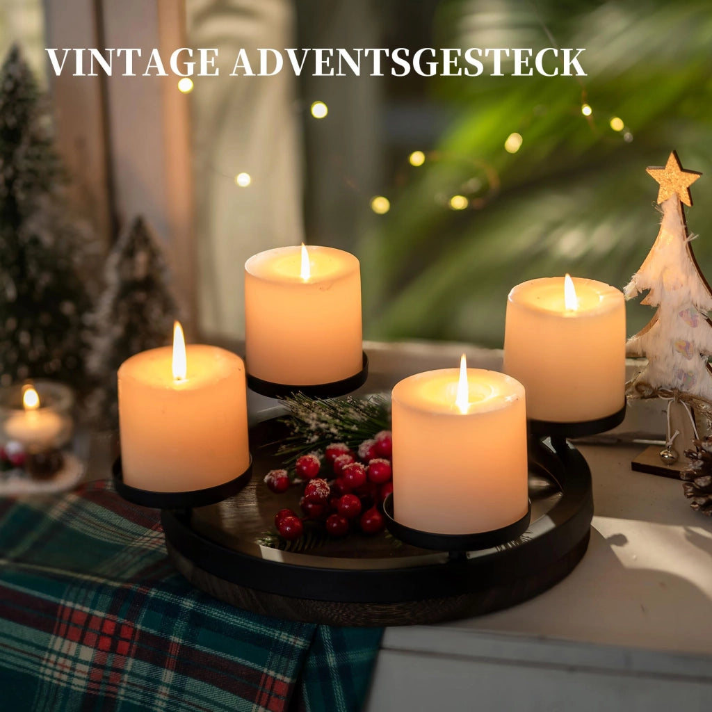 d'Avvento in legno, vassoio rotondo con 4 portacandele, stile vintage