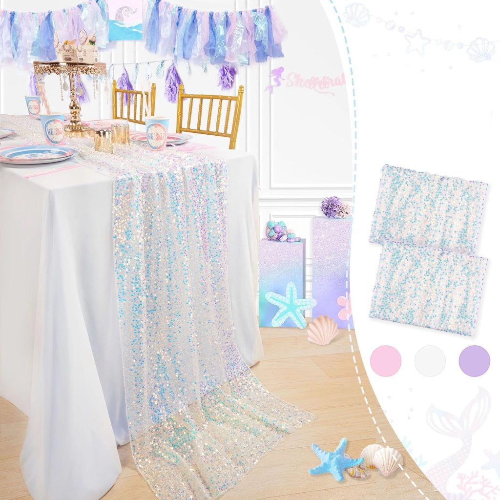 Tovaglia bianca, 2 pezzi, 63x300 cm, decorata con paillettes, ideale per feste