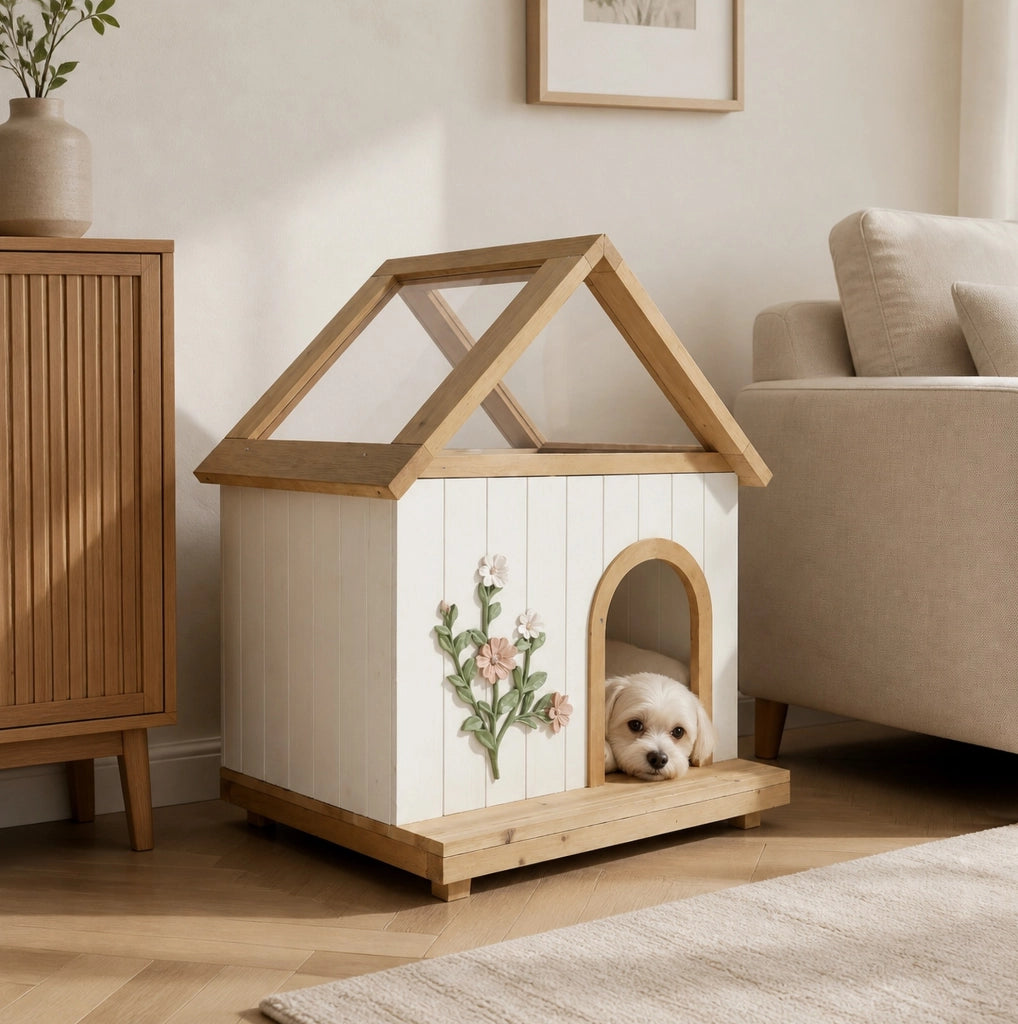 Casetta per gatti in legno 68x55x80 cm bianca con tetto in acrilico