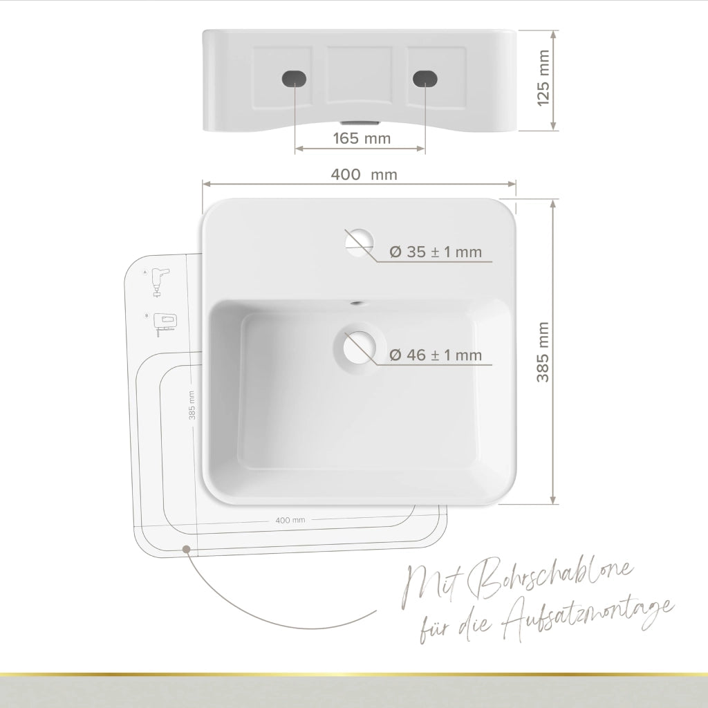 Lavabo a mano VALEA per toilette ospiti e bagni piccoli, 40 cm x 38,5 cm, a parete o da appoggio, superficie KeepClean extra liscia, con troppo pieno, bianco