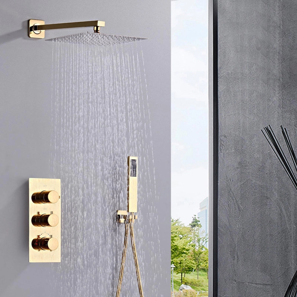 Set doccia integrato con termostato, colore oro, 30 cm, acciaio inossidabile