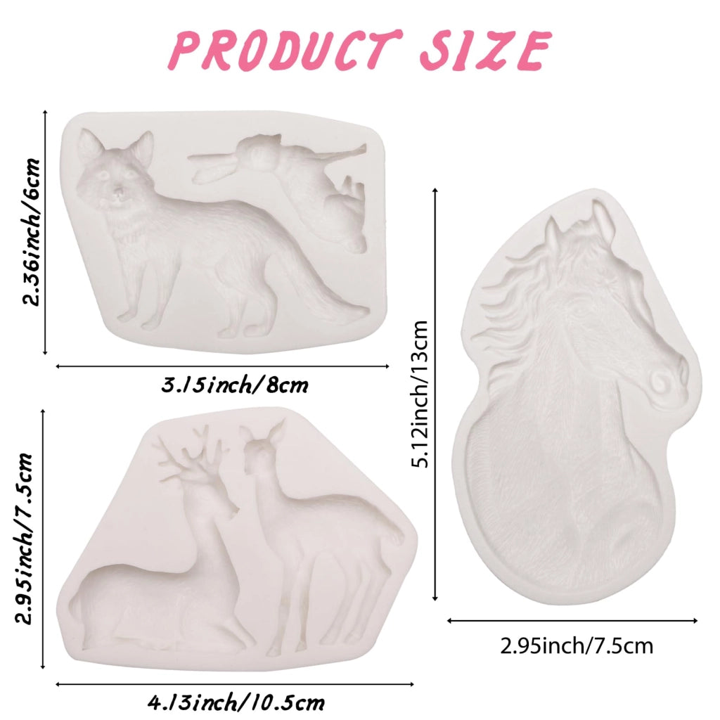 Set di 3 stampi in silicone a forma di animali del bosco: volpe, coniglio, renna, alce