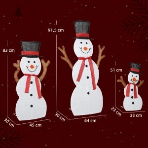 Famiglia di pupazzi di neve natalizia 3 pezzi, decorazione da esterno in acciaio e poliestere bianco, con luci LED e picchetti, impermeabile
