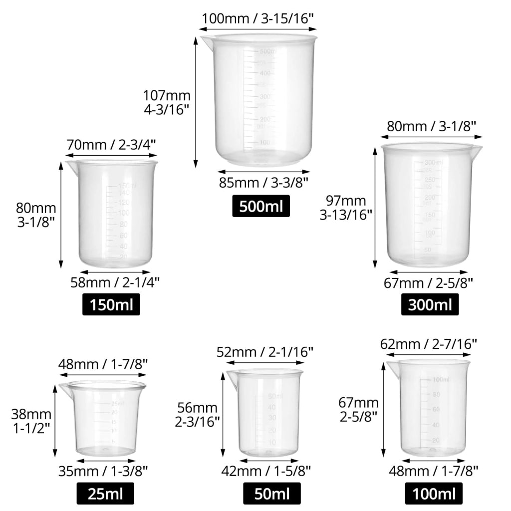 6 misurini in plastica con scala graduata, da 25 a 500 ml