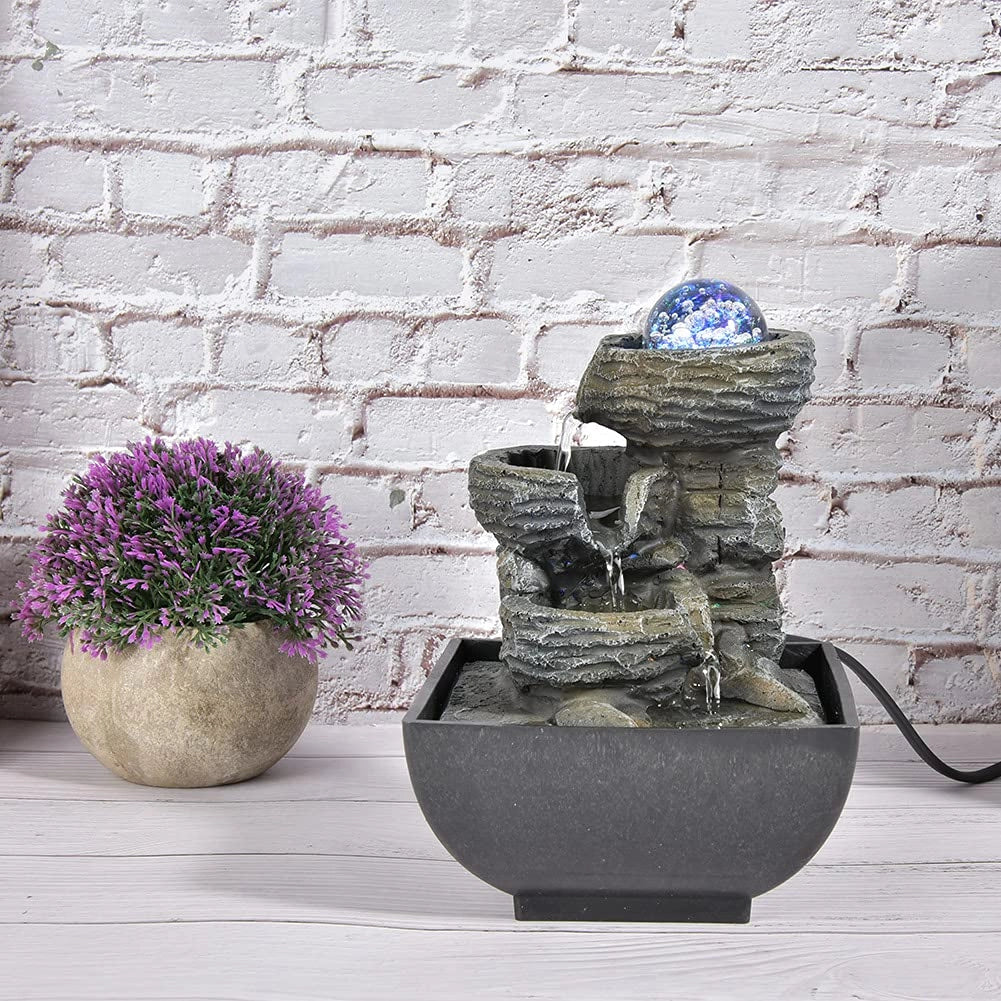 Fontana da tavolo con illuminazione a LED, effetto cascata, dimensioni 19x13x13 cm, realizzata in resina