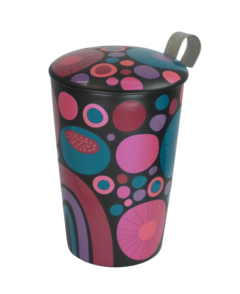 Tazza in porcellana a doppia parete con coperchio e filtro, capacità 350 ml, design allegro