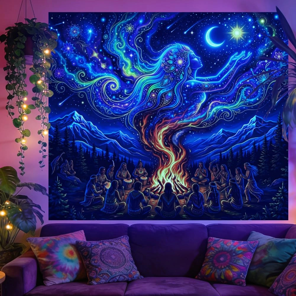 Arazzo da parete raffigurante la dea Gaia, 130x150 cm, con proprietà reattive ai raggi UV, ideale per essere visualizzato sotto luce nera