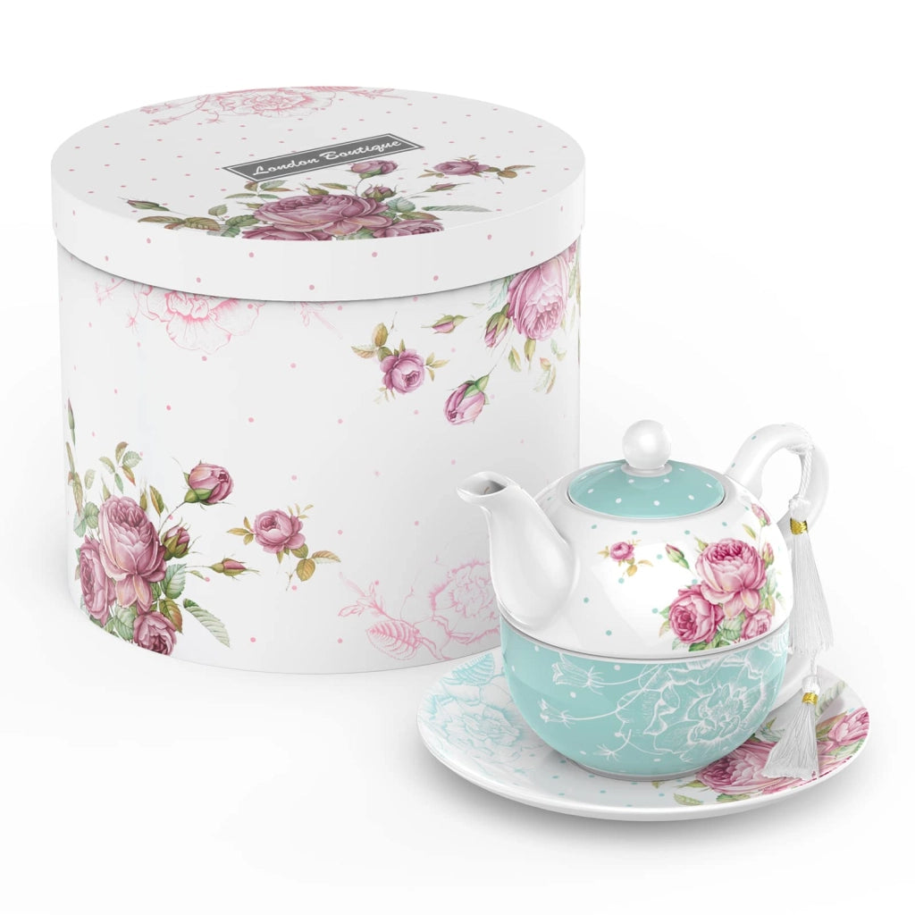 Set di teiera per 1 persona, capacità 350 ml, colore turchese, design "Vintage Flora"