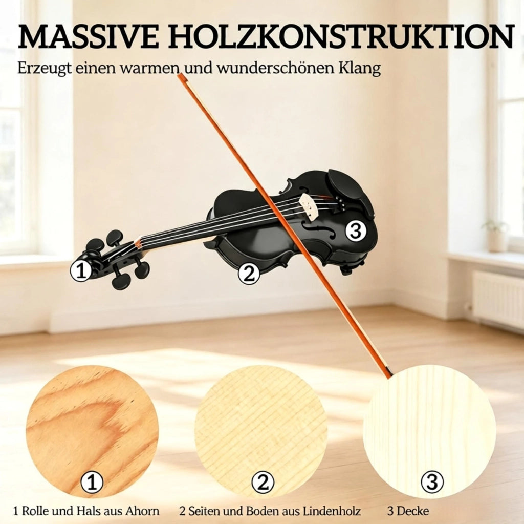 Set violino 4/4 nero per principianti con custodia e accessori