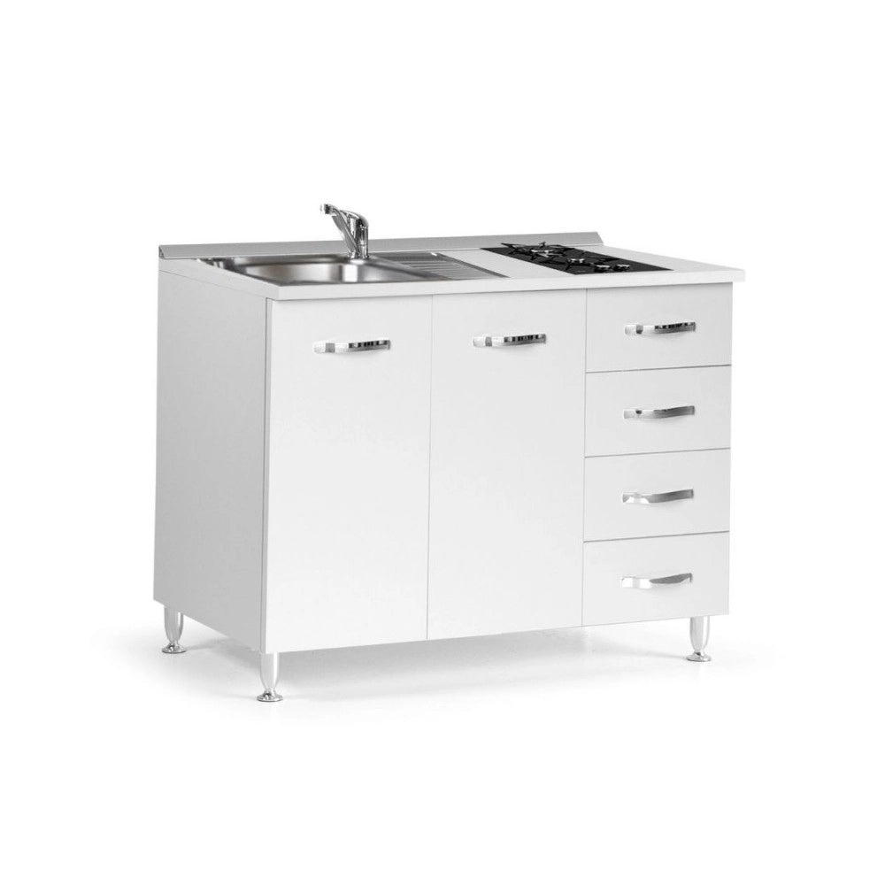 Mini cucina Cucinino120 con cassetti bianco larice lavello e piano cottura vetroceramica 120x60x85H