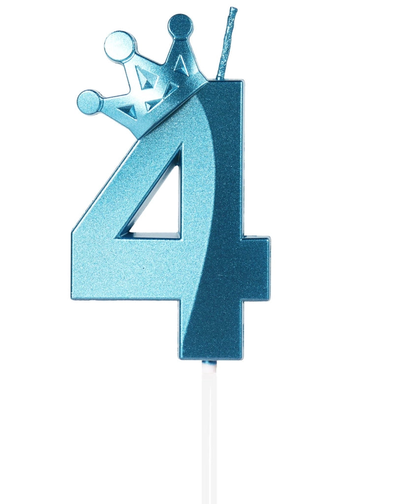 Candeline per torta a forma del numero 4, con decorazione a , colore blu, 8 cm, confezione da 4 pezzi