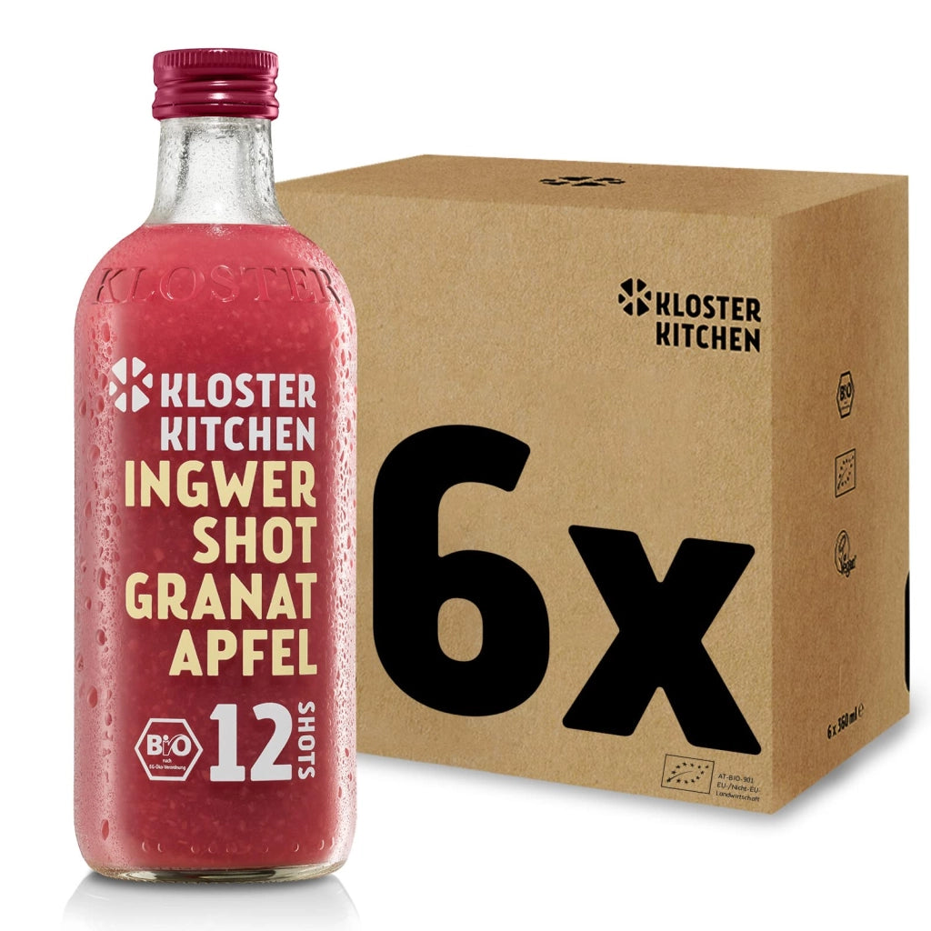 Ingwershot alla granata, 12 flaconi, 6 confezioni da 360 ml, contenenti pezzi di zenzero