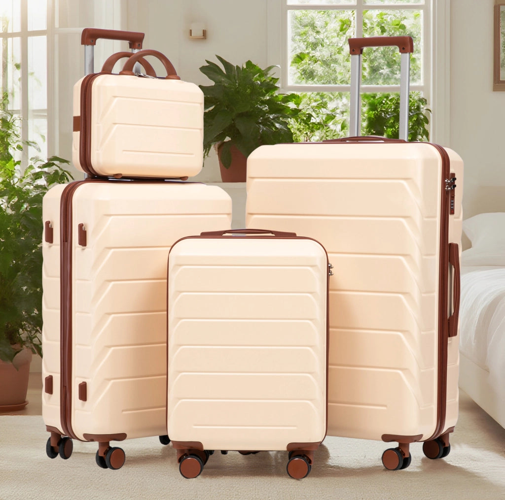 Set 4 trolley rigidi ULEVR in ABS beige 19/24/28¡å con beauty case 14¡å, ruote doppie girevoli e manico telescopico
