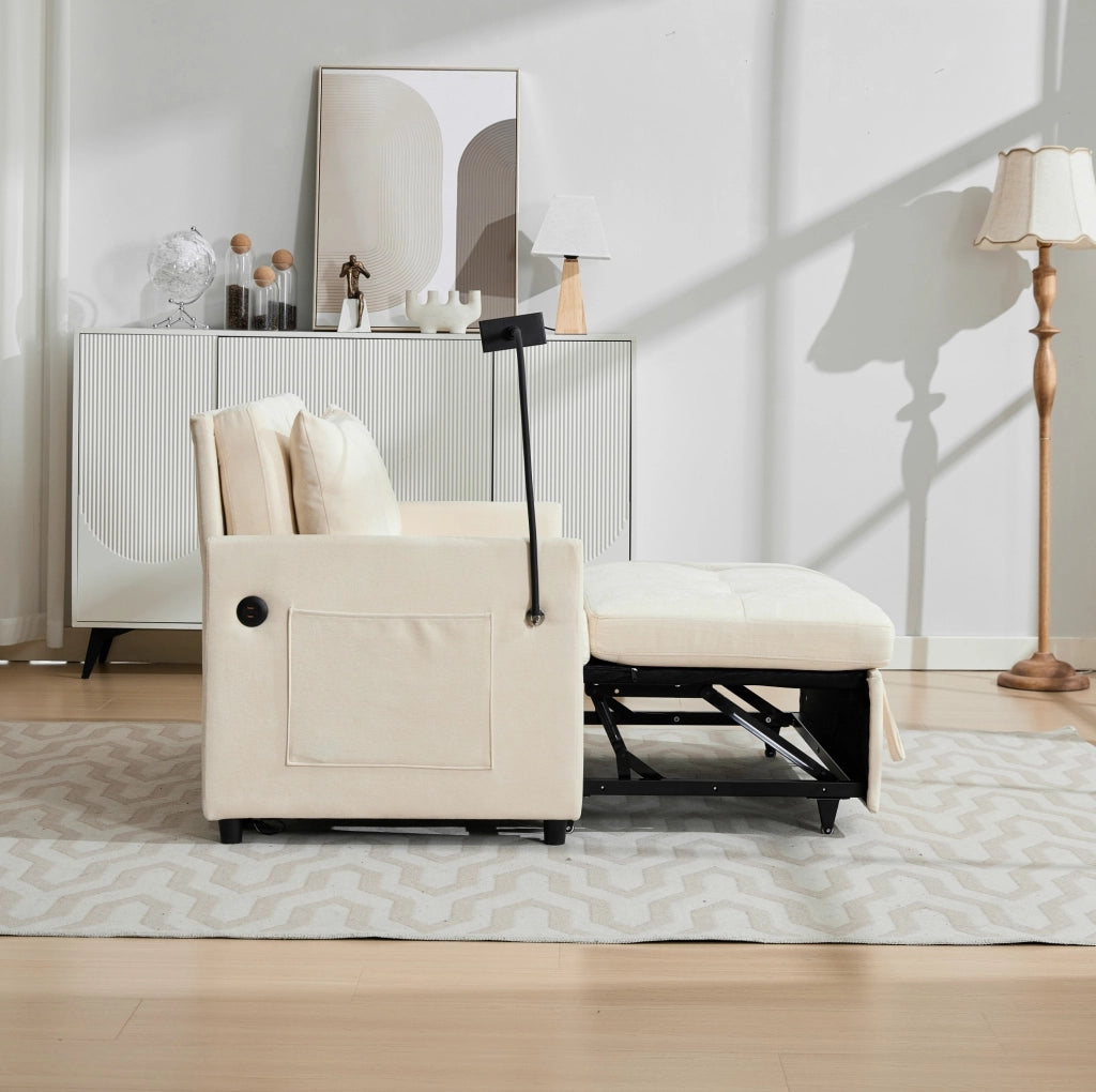 Divano beige in tessuto con porta USB e supporto per tablet