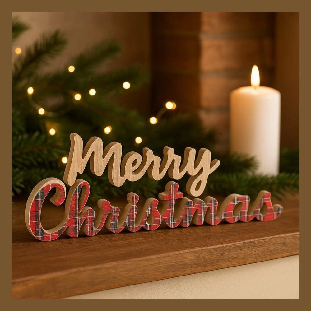 Scritta christmas in legno tartan da appoggio 39x17,5 cm mercury