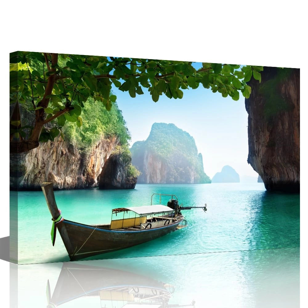 Stampa su tela, Phuket, Thailandia, spiaggia, barca, 30x45 cm, con cornice