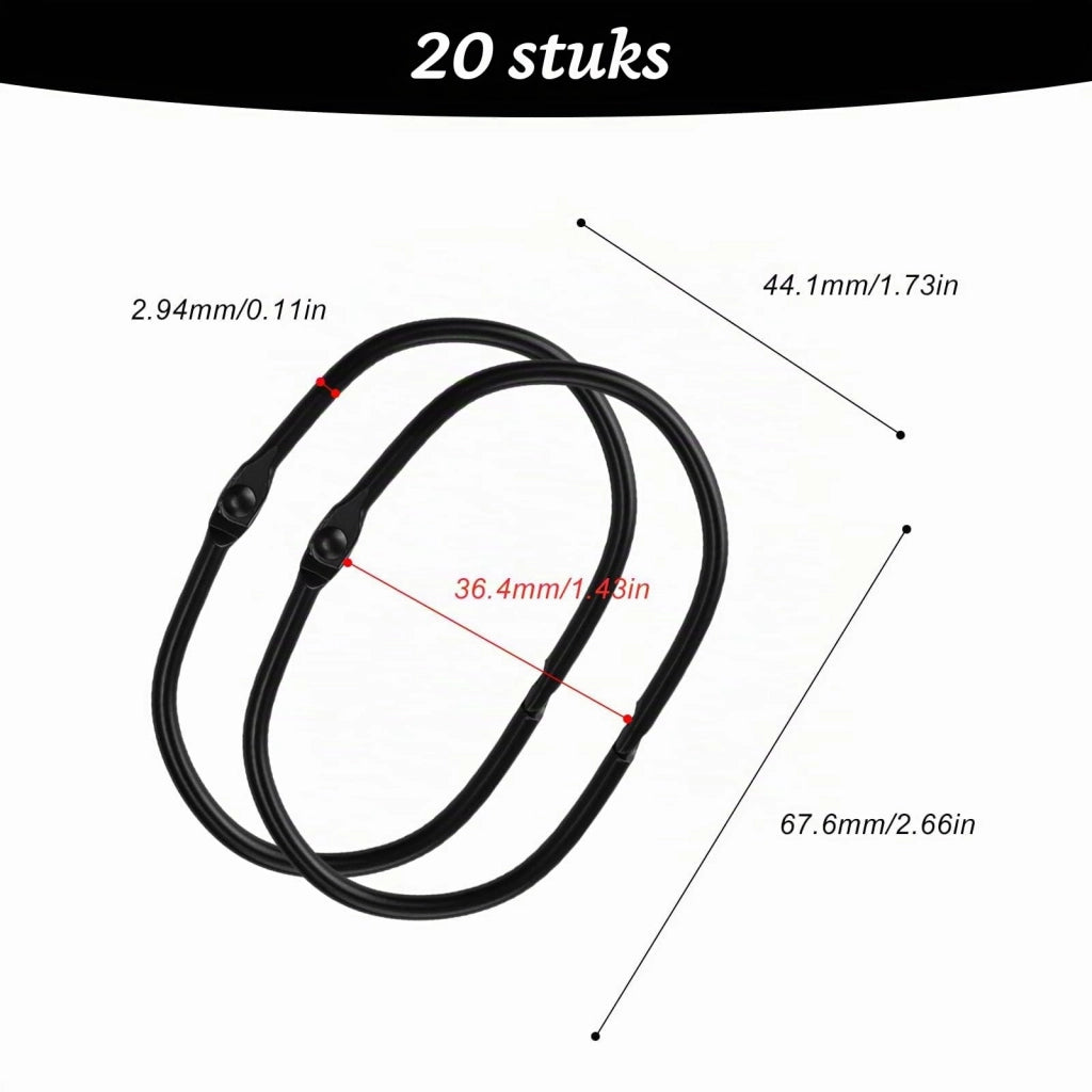 20 anelli per tenda da doccia, metallo, 67 mm, ovali, neri