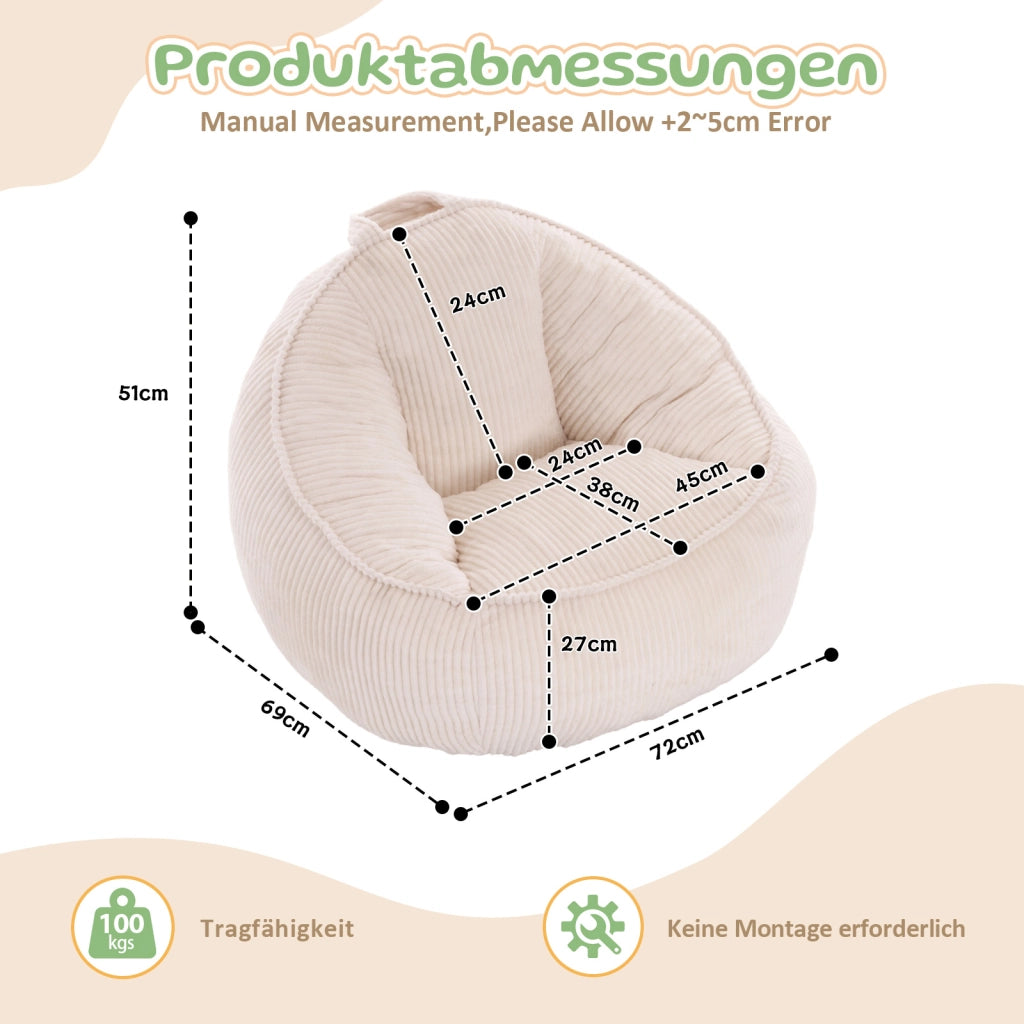 Pouf per bambini in velluto a coste beige con forma curva ergonomica per gioco lettura e relax