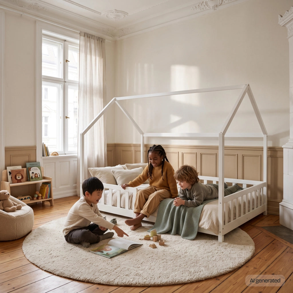 Letto Piazza e Mezza Hesel per Cameretta a Forma di Casetta 120 x 200 cm Bianco [en.casa]